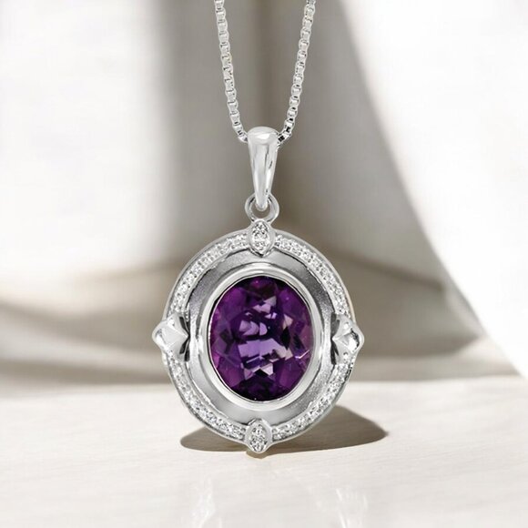 Amethyst and Lab Diamond Pendant in 925 Sterling Silver - Picture 1 of 3